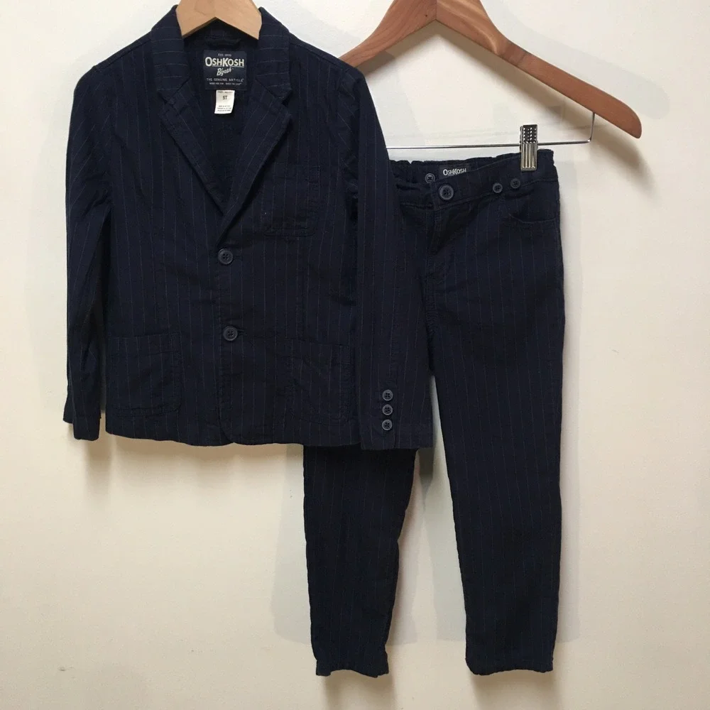 OshKosh B'gosh 2pc Pinstripe Suit Set Boys 5T Navy Blue Blazer and Pants Cotton
